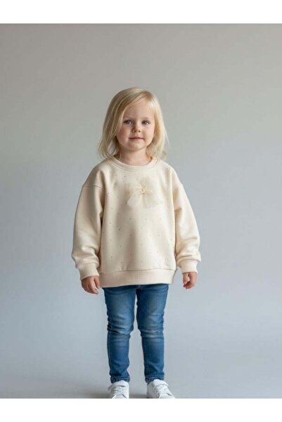 Zekids Baby Girl Cotton Stone Bow Detailed Oversized Design Sweatshirt