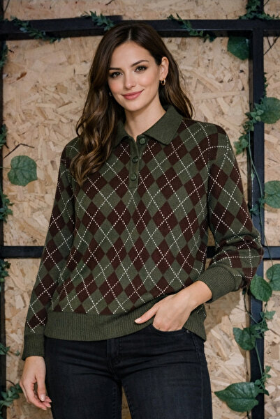 MOONBULL Pulover de damă în carouri cu model baklava, cu guler polo și nasturi