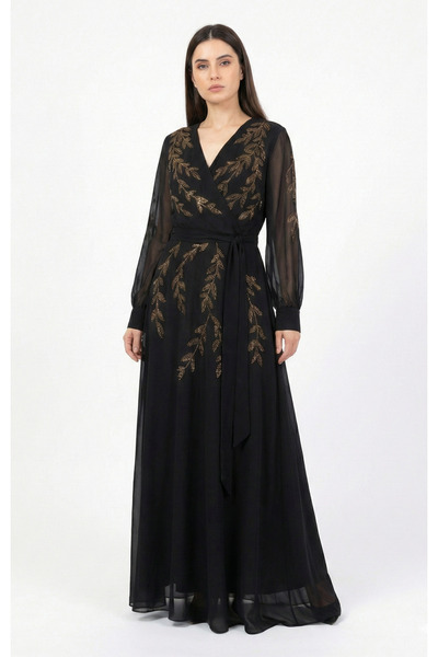 CAN ÇAPAR فستان سهرة طويل الأكمام من الشيفون المطرز بأوراق الذهب الأسود للنساء