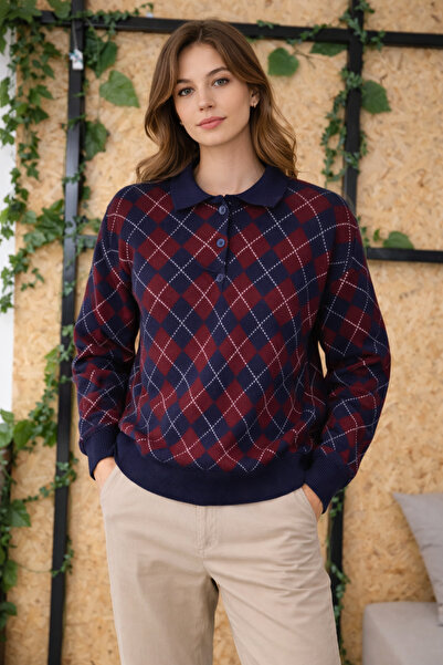 MOONBULL Pulover de damă în carouri cu model baklava, cu guler polo și nasturi