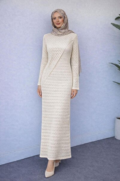 Şulemoda Giyim Asymmetric Front Dty Openwork Knitted Dress Ecru