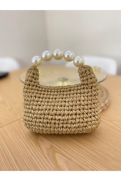 MÜÜ EL YAPIMI DERİ İPLİK RGÜ İNCİ SAPLI ÇANTA