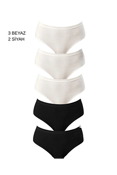 Tusebu 5-Piece Ribbed High Waist Women's Panties Set (3 White 2 Black)