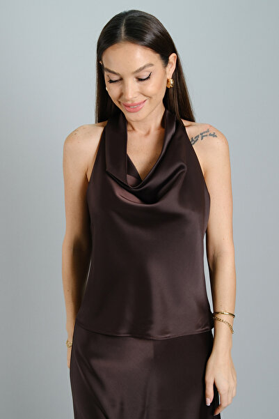 SWEETNESS Women's Brown Lycra Satin Degaje Collar Sleeveless Evening Dress Bl...