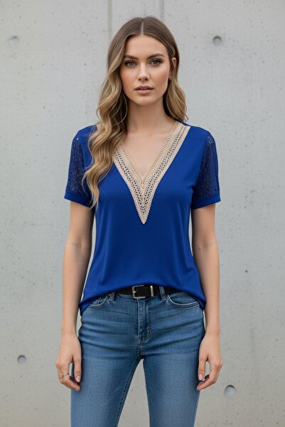 Mossta Basic Viscose Blouse with Lace Detail on Collar and Sleeves - Navy Blue