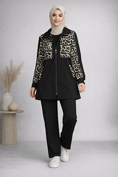 Kirazgym Leopard Patterned Double Suit with Zipper at the Back - Black