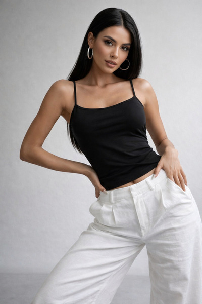 WILD BEE Women's Black Slim Fit Crew Neck Strappy Crop Tank Top