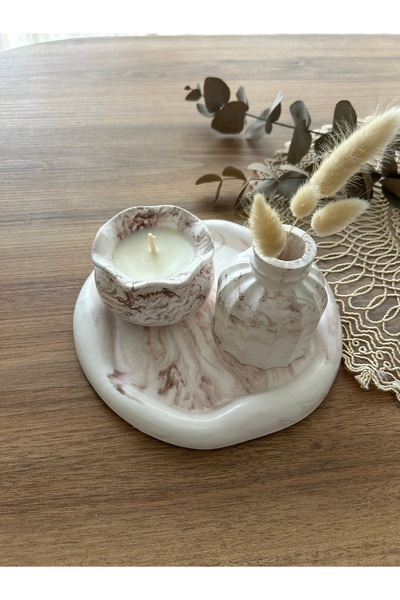 Vela Anatolia Kahverengi Mermer Görünümlü Mum, Vazo, Tabak Seti