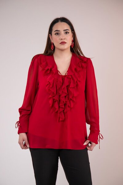 Roxxlen Дамска блуза с волани и шифонен яка в голям размер