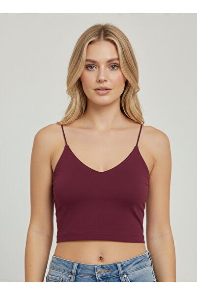 NEW JOURNAL Bluză de damă bordeaux cu decolteu în V și bretele tip șnur C cro...