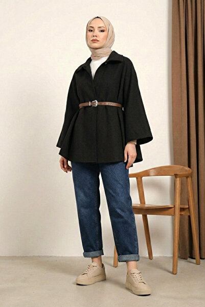 MODAQU قميص بانشو بحزام وياقة - أسود