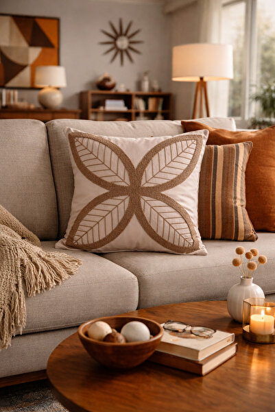 Pilloveland Punch Embroidered Throw Pillow Cover - 43*43 cm - 4 Leaf Beige - ...