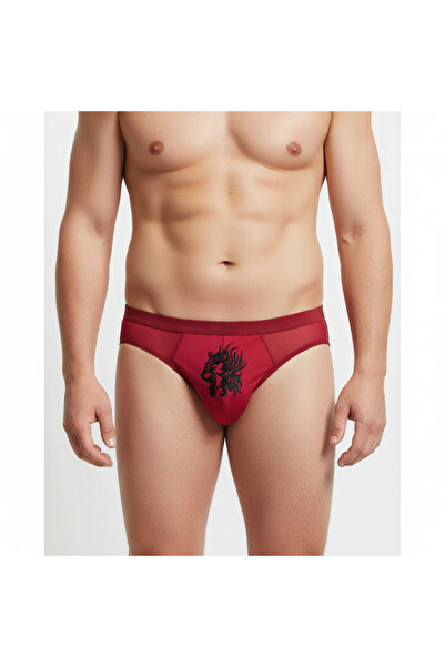 BONBON Erkek Bordo Renk Aslan Figürlü Arkası Tül String Külot BB2201