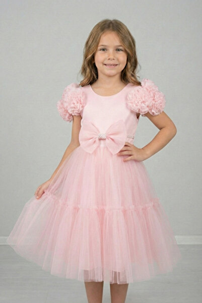 FATELLA Girl's Pink Fluffy Tulle Skirted Dress with Rose Detail on the Should...