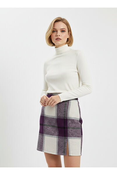 NEW JOURNAL Women's Purple-Ecru Plaid Patterned Cashmere Mini Skirt Nj63