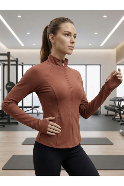 NEW JOURNAL Γυναικείο καφέ αθλητικό μπουφάν με λεπτομέρειες και γάντια NJ56