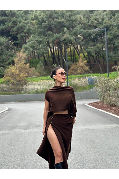 LOBOLIC Women's Asymmetrical Cut Slit Buttoned Knitwear Skirt Blouse Set