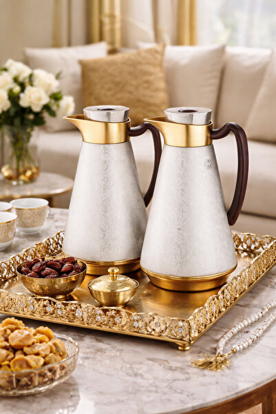 ALSAIF 🫖✨ Al Saif Bilsan Thermos Set in Silver with Gold Accents and Dark Br...