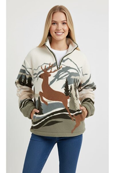 Sibel Günay Butik Hanorac din fleece pentru femei, maro, cu model de cerb și ...