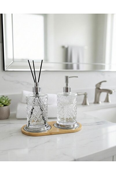 Kozak KRİSTAL CAM KOKULUK + KRSİTAL CAM SIVI SABUNLUK + BAMBU TEPSİ