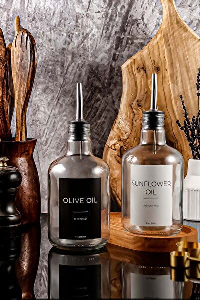 TheBRo 500ML Ahşap Stantlı Black White Serisi Zeytinyağı ve Ayçiçek Yağı Şişe...