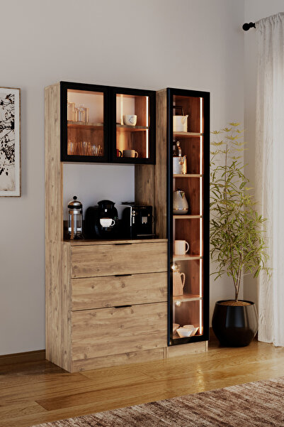 Evdemo Sierra Temperli Cam 3 Kapaklı Ledli Kahve Köşesi Mutfak Kiler Dolabı Çam