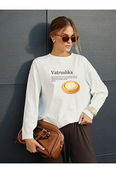 ELNOYA White Vatrushka Printed Premium Cotton Crew Neck Top