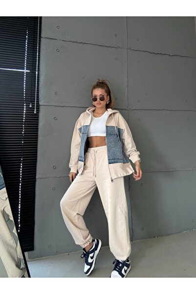 Mucha ÜÇ İPLİK ŞARDONSUZ FERMUARLI GERÇEK KOT DETAY İKİLİ TAKIM