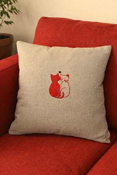 Elegancembroidery Kedi Nakışlı Keten Kırlent – Dekoratif Dolgulu Yastık