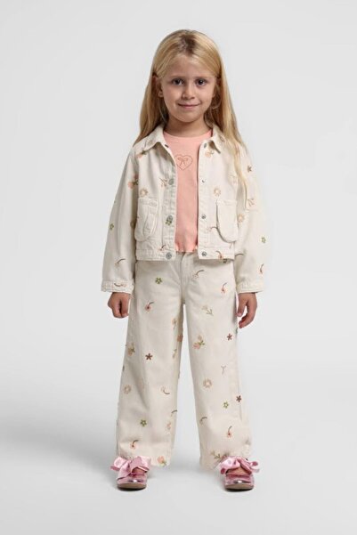 Escabel Kız Bebk 1-5 Yaş Çiçek İşlemeli Bol Paça Pantolon Krem