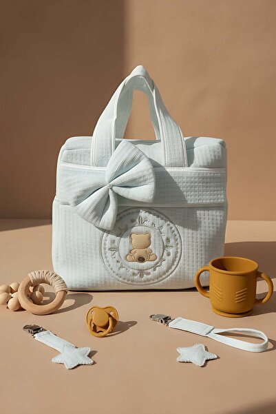 Rivaİstanbul Blue Teddy Bear Bow Mother Baby Care Bag