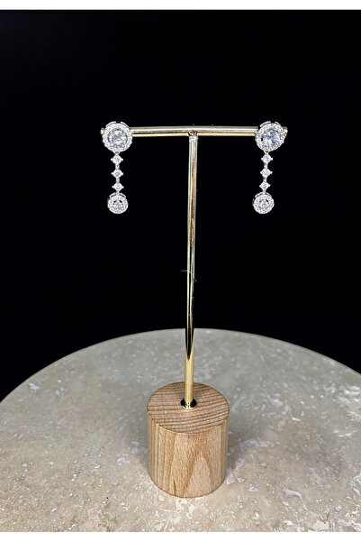 PeraMira Gümüş gold Zirkon Taşlı Çift Sallantılı Yuvarlak Küpe
