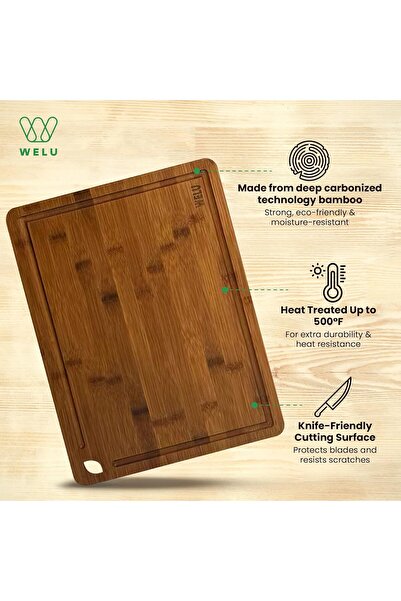 WELU Dark Bamboo Cutting Board Set 3-Piece Durable Wood Chopping Boards with Juice Grooves & Handles