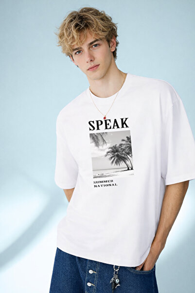 caddekombin Tricou alb pentru bărbați, Speak Summer National, cu imprimeu cu ...