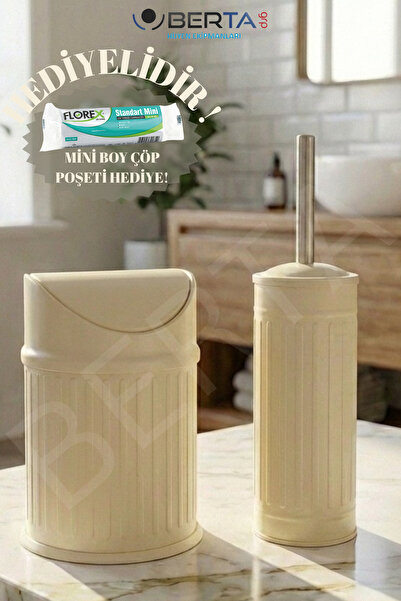 Berta Hijyen Vintage İkili Banyo Seti Pratik Siyah Çöp Kovası 3lt Tuvalet Fır...