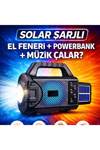 kialed Solar Şarjlı El Feneri + Powerbank + Müzik Çalar