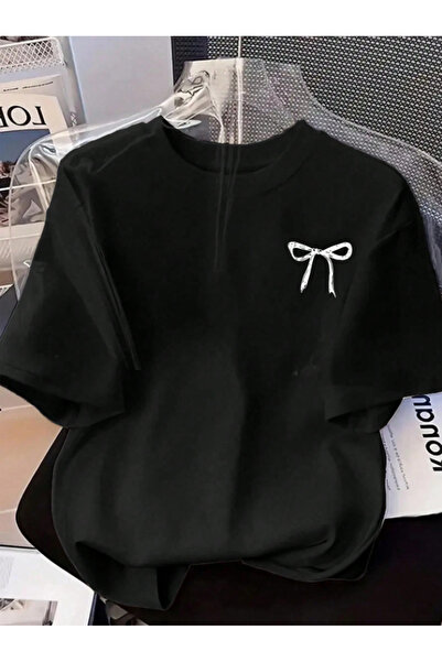 ALCİNOUS ΒΑΜΒΑΚΕΡΟ OVERSIZE T-SHIRT ΜΕ ΛΑΜΨΑΜΕΝΟ ΛΑΙΜΟ ΣΕ ΜΑΥΡΟ ΧΡΩΜΑ