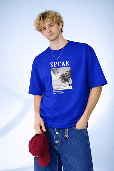 caddekombin Tricou Saks albastru pentru bărbați, cu imprimeu Speak Summer Nat...