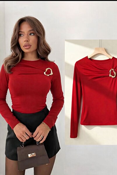 peri tower New Product Women's Red Buckle Detailed Sandy Long Sleeve Blouse 0068