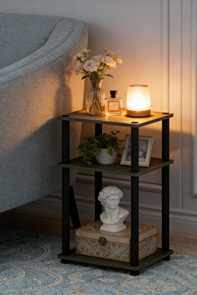 dida-cosmos طاولة جانبية، بثلاثة أرفف، رف من خشب المطاط، مناسبة لغرف النوم، غ...