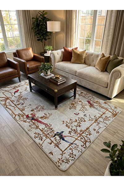 Brillant GRİ- Nakış İşleme Görünümlü Kuşlu Lateks Taban Yolluk Halı