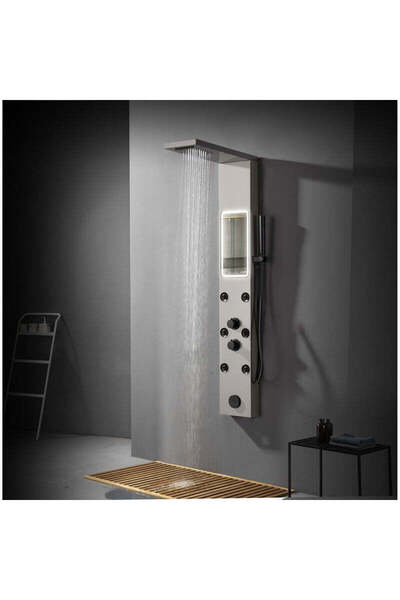 RFAN Rain Shower Panel with Massage Jets, Built-in LED Mirror, Brushed Silver