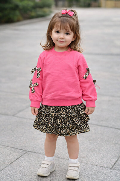 SANTRALBEBE Girl's Leopard Patterned Layered Seasonal Skirt Suit