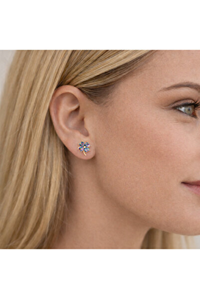 Soleildor 925 ayar Orijinal Gümüş Yonca Gümüş Küpe Mistik Topaz Taşlı