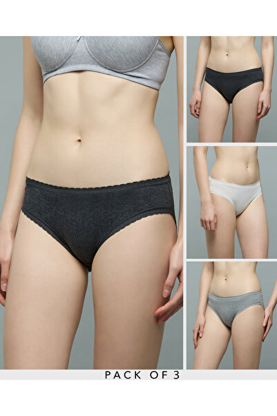R&B طقم من 3 سراويل بيكيني نسائية رمادية اللون مزينة بالدانتيل