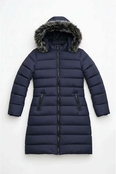 Talsmoda Women's Navy Blue Long, Hooded Lightweight Puffer Coat – Furry, Zipp...