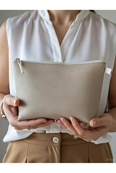 PYCOS حقيبة يد كبيرة من الجلد بنمط كريمي (32×18×8) للمكياج والسفر والتخزين