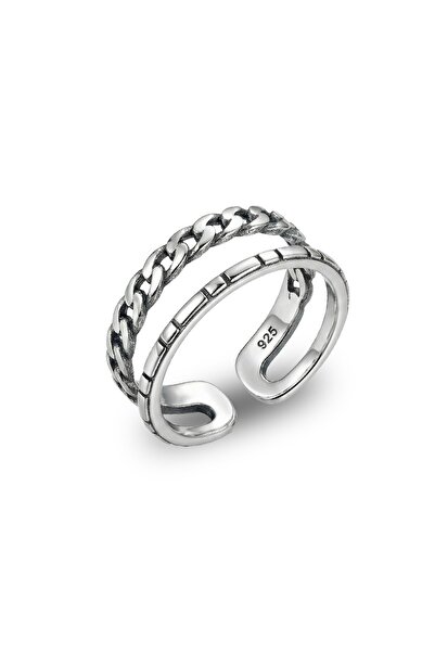 Söğütlü Silver 925 Ayar Gümüş Yüzük Zincir Detaylı İkili Görünümlü Ayarlanabi...