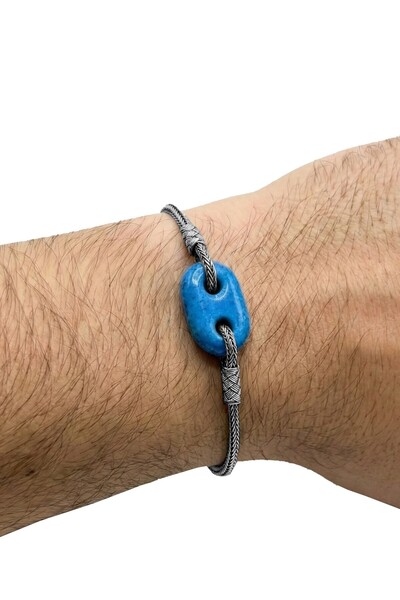 Söğütlü Silver 925 Ayar Gümüş Erkek Bileklik Süryani Boncuğu Mavi Taşlı 2 Del...