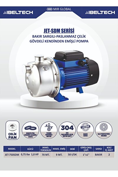 İBELTECH JET750SDM PASLANMAZ GÖVDE 1 HP HİDROFOR POMPA 5 KAT 8 DAİRE